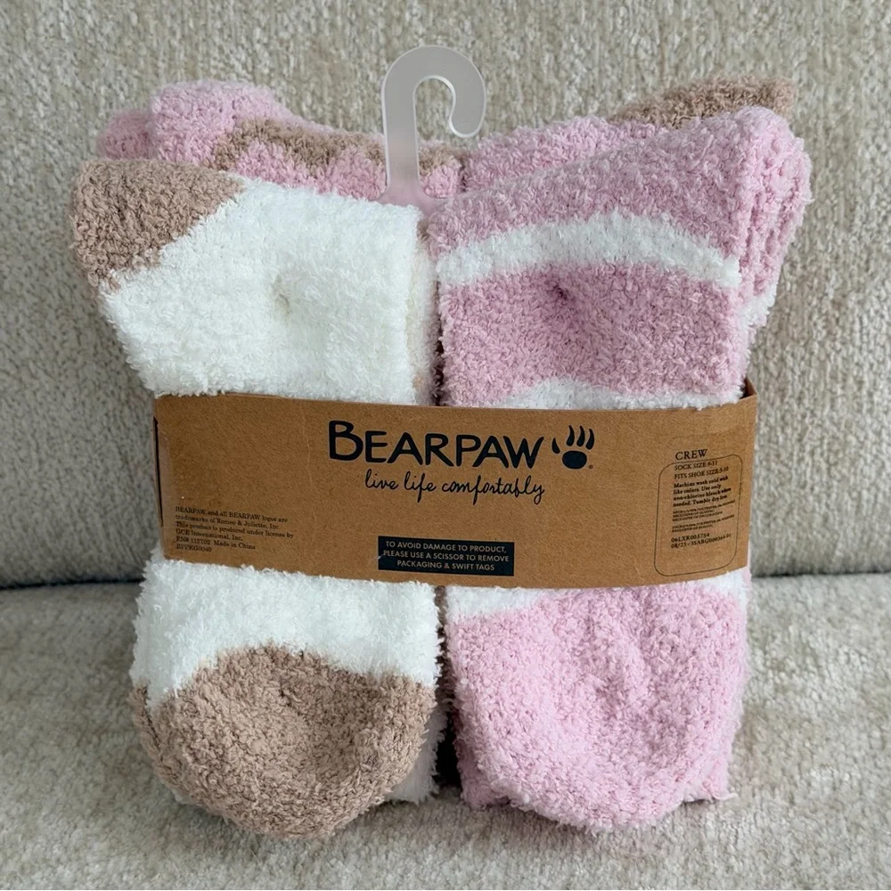 BearPaw Pink, Brown and White Zigzag Cozy Crew Socks, 4pk Sz 9-11